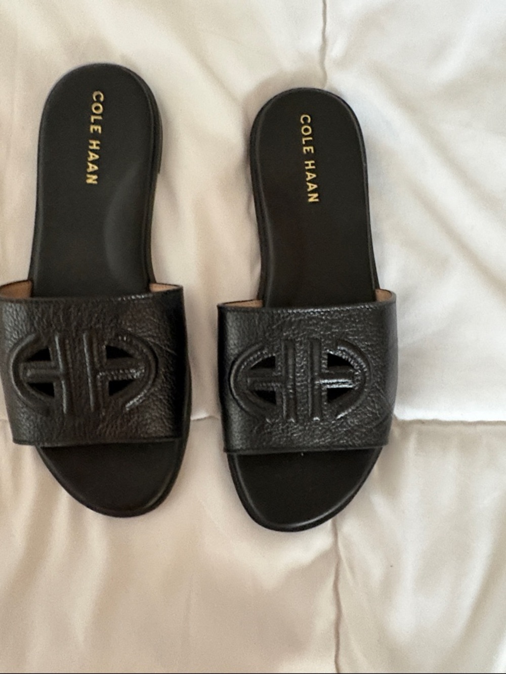 Cole Haan Black Leather Slide Sandals with Signature Cutout
